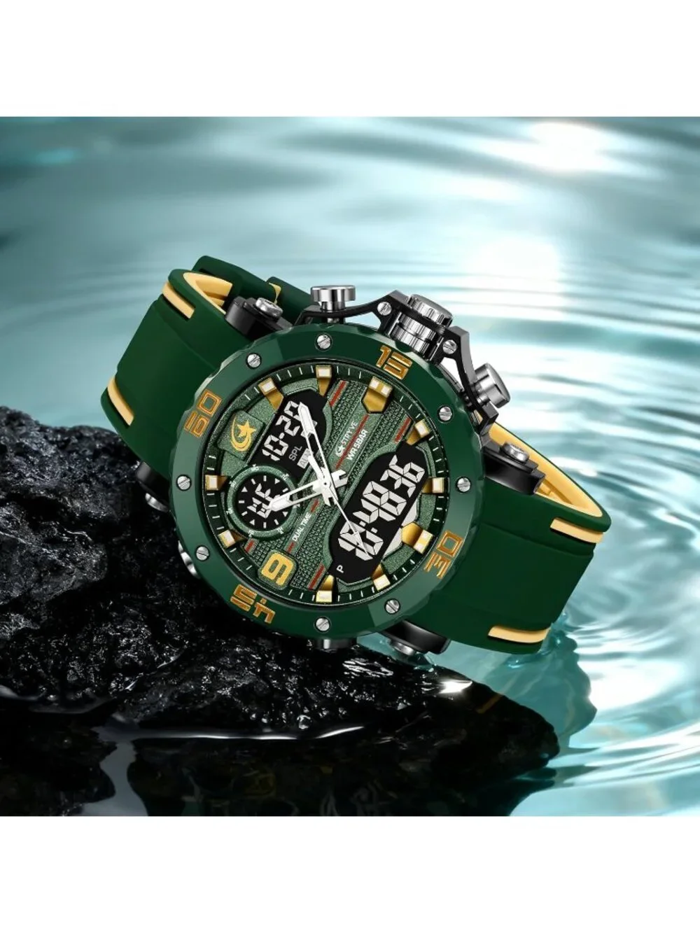 Men's Green Analog Quartz Silicone Band Waterproof Multifunction Digital Watch